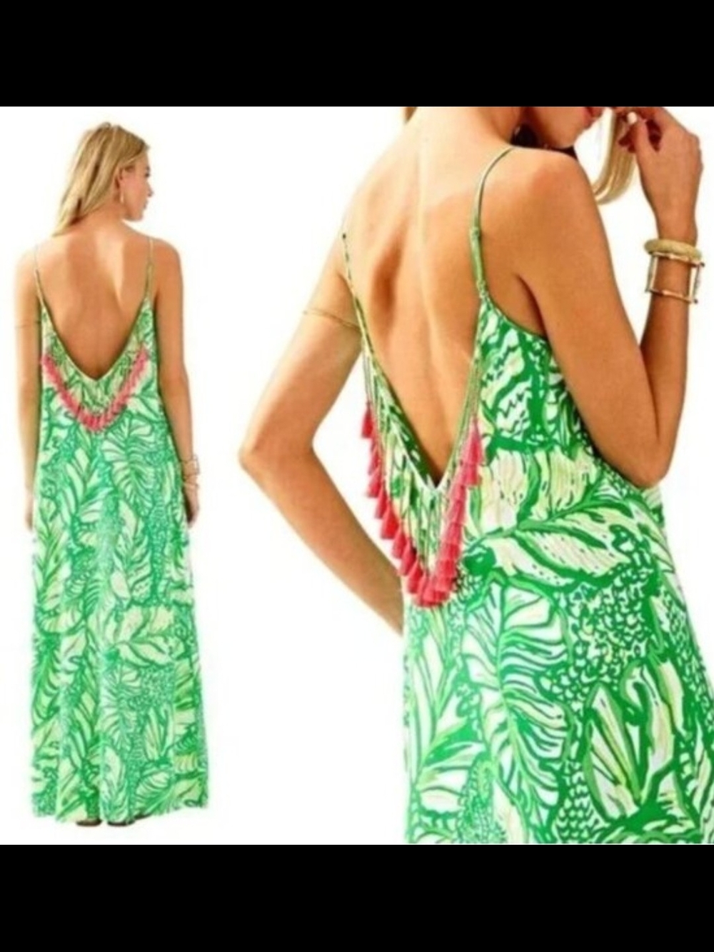 Lilly Pulitzer Green Tropical Leaf Caftan with Pink Tassel Detail